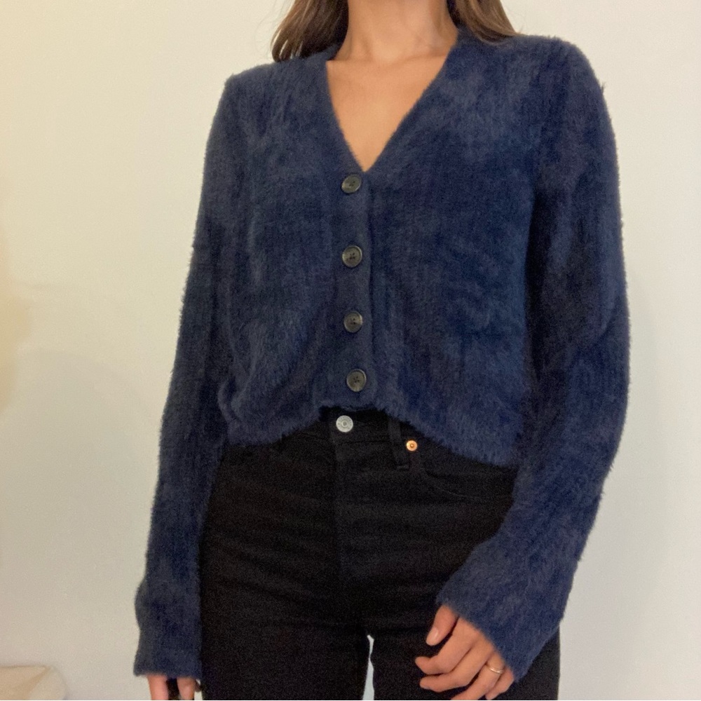 Navy Fluffy Cropped Sweater Cardigan
